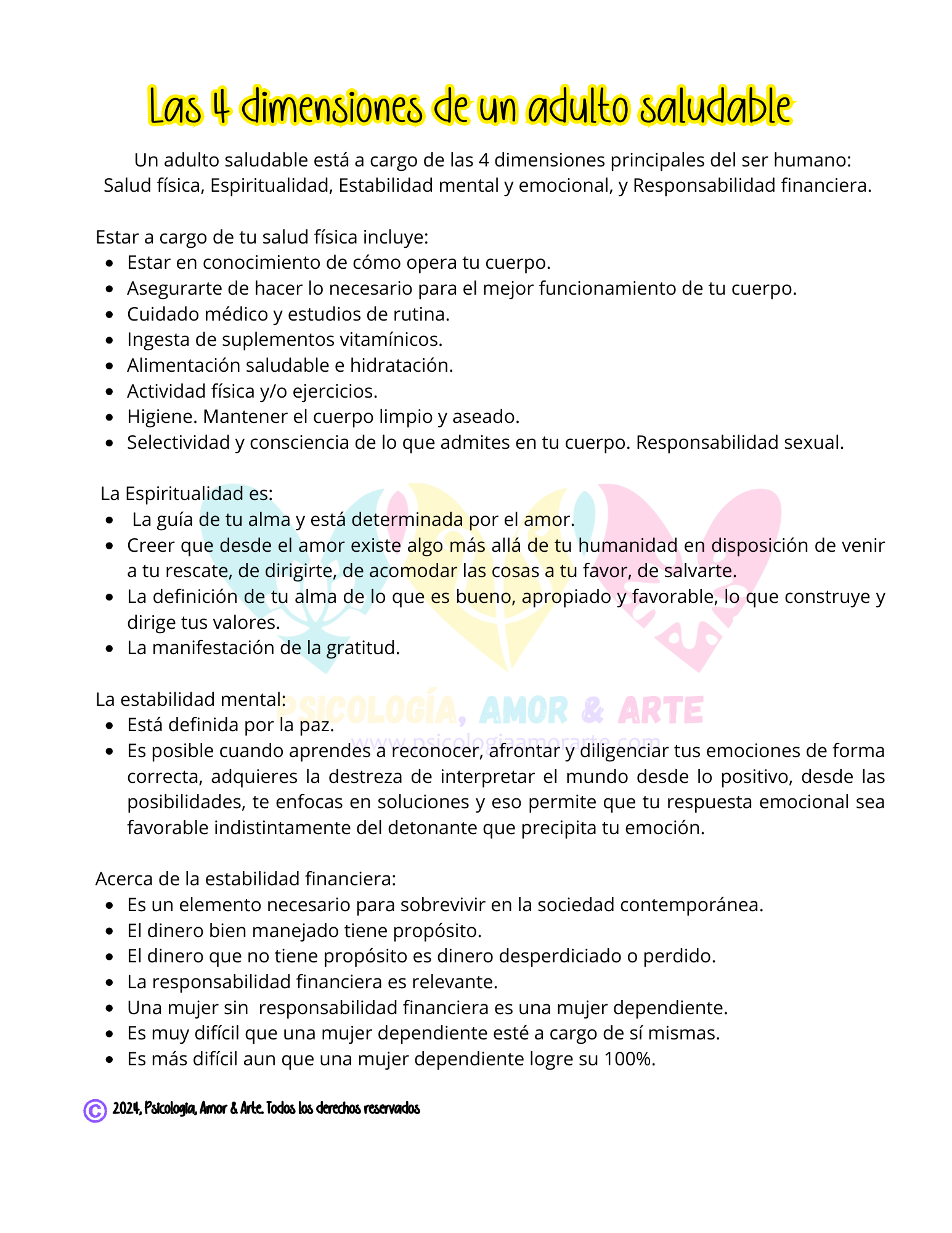 Cuatro (4) dimensiones de un adulto saludable. (Producto digital. PDF –  Psicología, Amor & Arte