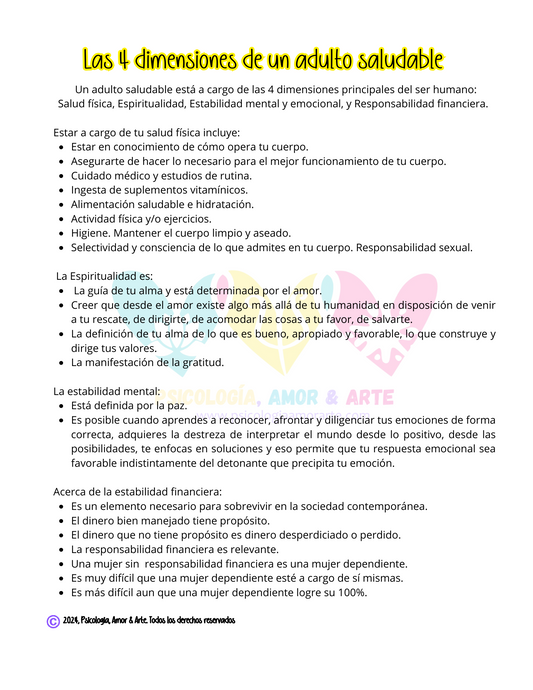 Cuatro (4) dimensiones de un adulto saludable. (Producto digital. PDF Descargable GRATIS)